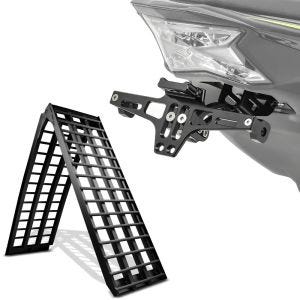 Sett: Aluminiumskjøringsrampe V sw, opptil 680 kg, sammenleggbar, egnet for motorsykkel ConStands med nummerskiltholder NH2 med LED-belysning