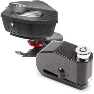 Sett: Motorsykkel toppkoffert XK48 univ 48L sw Bagtecs med bremseskivelås alarm 120dB BS-Motoparts tyverisikring sw.