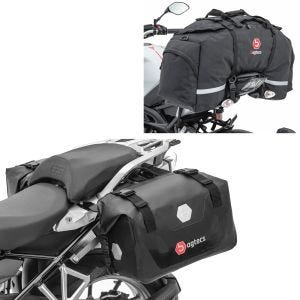 Sett: Motorsykkel salvesker vanntett RB25 med rullelukking Bagtecs med bakpose SX80 pillion bag svart 70 liter
