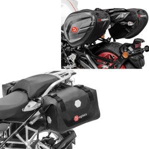Sett: Motorsykkel-salvesker wd RB25 med rullelukking Bagtecs med sidelommer CRB 40-60 liters volum softshell.