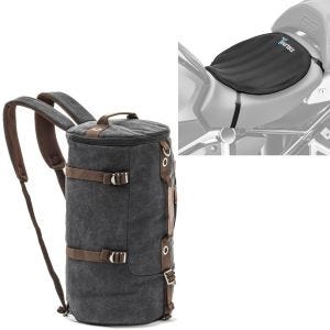 Sett: Motorsykkelryggsekk canvas VG8 halebag Vintage 35Ltr sw Craftride med gel setepute neopren L sw