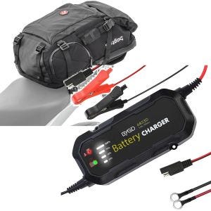 Sett: Motorsykkelryggsekk HX5 wd 45Ltr med hjelmholder Bagtecs med batterilader BC2 helautomatisk 1500mA.
