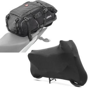 Sett: Motorsykkelryggsekk HX5 wd 45Ltr med hjelmholder Bagtecs med motorsykkeltrekk Indoor XL-XXL Stretch Garage sw.