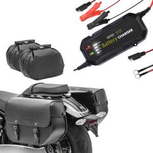 Sett: Motorsykkel-salvesker R/L Kentucky 30Ltr Chopper sw Craftride med batterilader BC2 helautomatisk 1500mA