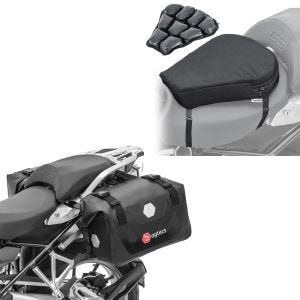 Sett: Motorsykkel-salvesker vanntett RB25 med rullelukking Bagtecs med luftpute Air M komfort setepute sw