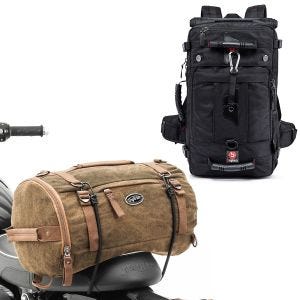 Sett: Motorsykkelryggsekk HK4 haleveske 45Ltr sw Bagtecs med haleveske Vintage 25L lerretsryggsekk bagasjerullebrun