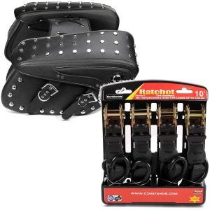 Sett: Sadelvesker egnet for Chopper Cruiser Retro VH6 sw Craftride med motorsykkelspenningsstroppsett sw