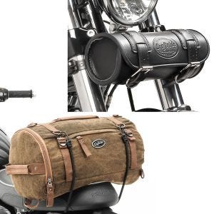 Sett: Motorsykkel hale bag Vintage 25L brun Craftride med verktøyrull Elgin 2,4L egnet for retro sykler sw