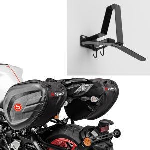 Sett: Sidevesker CRB 40-60 liters volum motorsykkel softshell Bagtecs med garderobe WH2 veggfeste hjelmholder sw