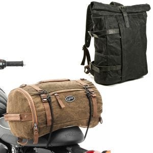 Sett: Motorsykkelryggsekk Canvas VR2 Vintage 20Ltr Retro sw Craftride med haleveske Vintage 25L brun