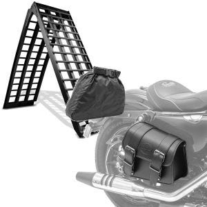 Sett: Aluminium adkomstrampe V sw, opp til 680 kg, sammenleggbar, egnet for motorsykkel ConStands med salveske høyre Montana 8Ltr egnet for Chopper sw