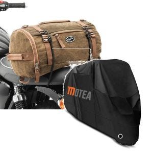 Sett: Motorsykkel hale bag vintage 25L canvas ryggsekk bagasjerull brun Craftride med presenning BC1 XXL deksel svart