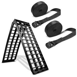 Sett: Adkomstrampe i aluminium V sw, opp til 680 kg, sammenleggbar, egnet for motorsykkel ConStands med strammestropper 150cm 2 stk sw