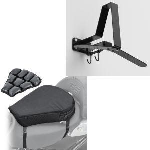 Sett: Motorsykkelgarderobe WH2 veggfeste hjelmholder sw XGP med motorsykkel luftpute Air M komfort setepute i sw