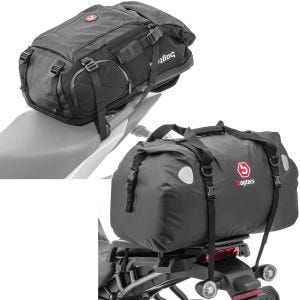 Sett: Motorsykkelryggsekk HX5 vanntett 45Ltr med hjelmholder Bagtecs med halebag Drybag XF60 wd. volum 60l