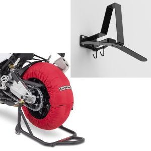 Sett: Motorsykkel dekkvarmer sett Laguna Seca 60-80°C 17" i rødt ConStands med garderobe WH2 veggfeste hjelmholder sw