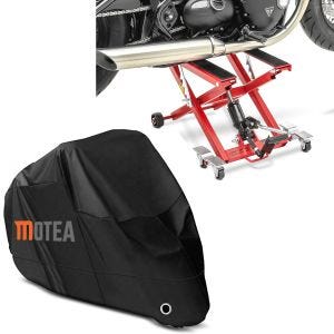 Sett: Motorsykkellift Midlift XL opptil 500 kg i rød ConStands med motorsykkelpresenning BC1 XXL-trekk i sort
