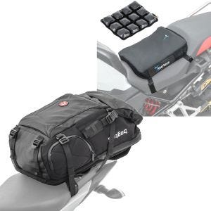 Sett: Motorsykkelryggsekk HX5 vanntett 45 liter med hjelmholder Bagtecs med luftpute Air Deluxe S komfortsetepute svart