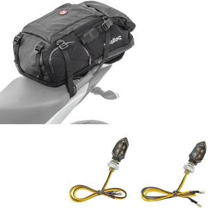 Sett: Motorsykkelryggsekk HX5 vanntett 45Ltr med hjelmholder Bagtecs med LED-indikatorer KP8 ECE par tonet