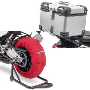 Sett: Motorsykkel dekkvarmer sett Laguna Seca 60-80°C 17" i rødt ConStands med toppkoffert i aluminium XS45 aluminium univ. 45 liter sølv