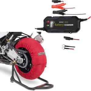 Sett: Motorsykkel dekkvarmer Laguna Seca 60-80°C 17" i rødt ConStands med batterilader BC2 helautomatisk 1500mA