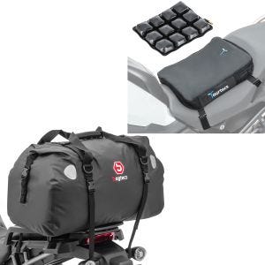 Sett: Motorsykkel halebag Drybag XF60 vanntett volum 60l Bagtecs med luftpute Air Deluxe S komfortsetepute svart