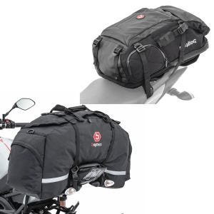 Sett: Motorsykkelryggsekk HX5 vanntett 45Ltr med hjelmholder Bagtecs med halebag SX80 pillion bag sw 70Ltr