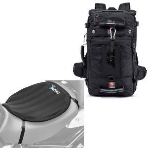 Sett: Motorsykkel ryggsekk HK4 hale bag 45Ltr sw Bagtecs med motorsykkel gel setepute neopren L gel pute setetrekk sw