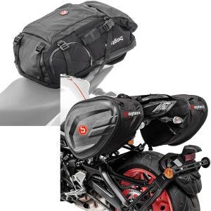 Sett: Motorsykkelryggsekk HX5 wd 45Ltr med hjelmholder Bagtecs med sidelommer CRB 40-60 liters volum softshell.