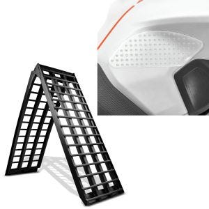 Sett: Adkomstrampe i aluminium V sw, opp til 680 kg, sammenleggbar, egnet for motorsykkel ConStands med sidetankpute Grip Pad M transp.
