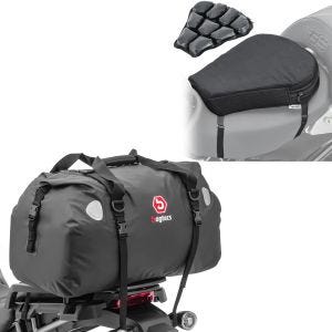 Sett: Motorsykkel halebag Drybag XF60 vanntett volum 60l Bagtecs med motorsykkel luftpute Air M komfort setepute sw