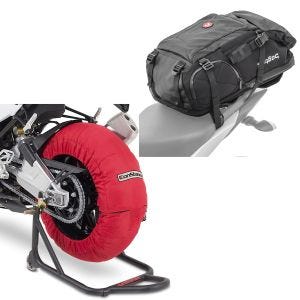 Sett: Motorsykkel dekkvarmer Laguna Seca 60-80°C 17" rød ConStands med ryggsekk HX5 halebag bd. 45Ltr med hjelmholder