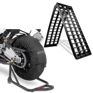 Sett: Adkomstrampe i aluminium V sw, opptil 680 kg, sammenleggbar, egnet for motorsykkel ConStands med dekkvarmer Laguna Seca 60-80°C 17" sw