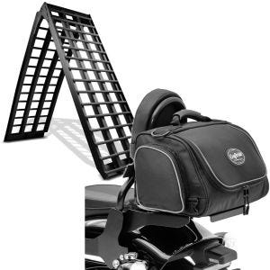 Sett: Adkomstrampe i aluminium V sw, opp til 680 kg, sammenleggbar, egnet for motorsykkel ConStands med bakpose TM2 sissy bar bag 14 liter sw