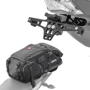 Sett: Motorsykkelryggsekk HX5 vanntett 45 liter med hjelmholder Bagtecs med nummerskiltholder NH2 med LED-belysning