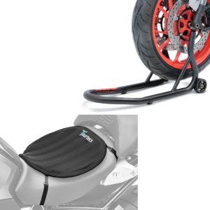 Sett: Reparasjonsstativ forhjulsgaffel motorsykkelstativ med dorholder sw matt ConStands med gel setepute neopren L sw