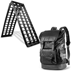 Sett: Adkomstrampe i aluminium V sw, opptil 680 kg, sammenleggbar, egnet for motorsykkel ConStands med ryggsekk RL3 halebag Vintage 24Ltr sw