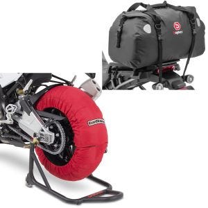Sett: Motorsykkel dekkvarmer sett Laguna Seca 60-80°C 17 tommer i rød ConStands med halebag Drybag XF60 wd