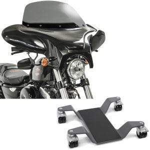 Sett: Batwing for choppere og tilpassede sykler rg Craftride med manøvreringshjelp for hovedstativ med ABE Easy Mover II opptil 400 kg grå