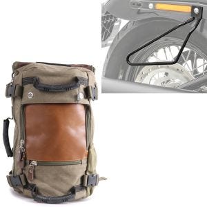 Sett: Motorsykkelryggsekk canvas VG6 vintage haleveske 28L retro grønn Craftride med salveskeholder universal sw