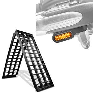 Sett: Aluminiumsrampe V sw, opp til 680 kg, sammenleggbar, egnet for motorsykkel ConStands med LED styreindikatorer univ XS egnet for styre ECE get.