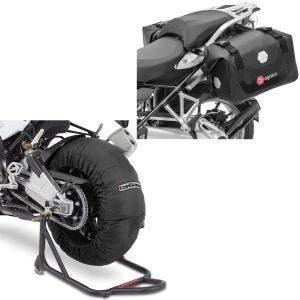 Sett: Motorsykkel dekkvarmer sett Laguna Seca 60-80°C 17 tommer sort ConStands med salvesker wd