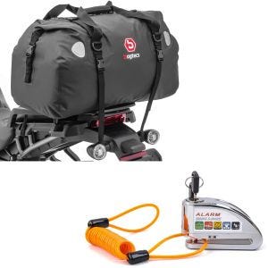 Sett: Motorsykkel halebag Drybag XF60 wd Volum 60l Bagtecs med bremseskivelåsalarm 110dB krom