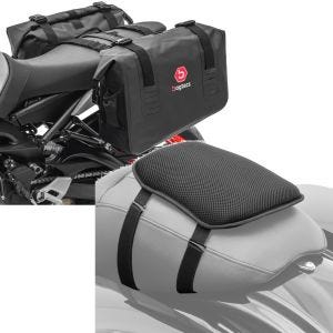 Sett: Motorsykkelsidevesker vanntette WD1 2x43l med rullelukking Bagtecs med gel setepute S komfortpute sw