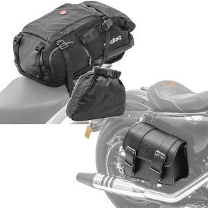 Sett: Motorsykkelryggsekk HX5 wd 45Ltr med hjelmholder Bagtecs med salveske høyre Montana 8Ltr egnet for Chopper sw.
