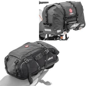Sett: Motorsykkelryggsekk HX5 wd 45Ltr med hjelmholder Bagtecs med halebag SX45 wd volum 45L rullelukking