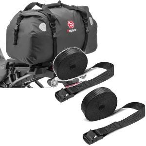 Sett: Motorsykkel hale bag Drybag XF60 vanntett volum 60l Bagtecs med spennstropp sett surrestropper 150cm 2 stk svart