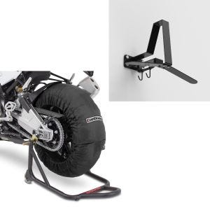 Sett: Motorsykkel dekkvarmer sett Laguna Seca 60-80°C 17 tommer sw ConStands med garderobe WH2 veggfeste hjelmholder sw