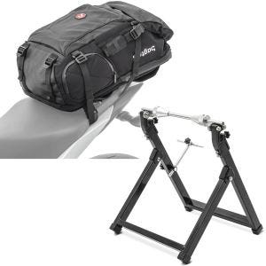 Sett: Motorsykkelryggsekk HX5 halebag vanntett 45 liter med hjelmholder Bagtecs med balanseringsstativ WU-2 balanseringsenhet sw
