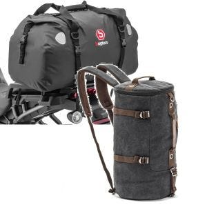 Sett: Motorsykkel halebag Drybag XF60 vanntett volum 60l Bagtecs med motorsykkelryggsekk Canvas VG8 Vintage 35Ltr svart
